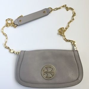 Tory Burch Amanda Logo Gray Crossbody Clutch Gold